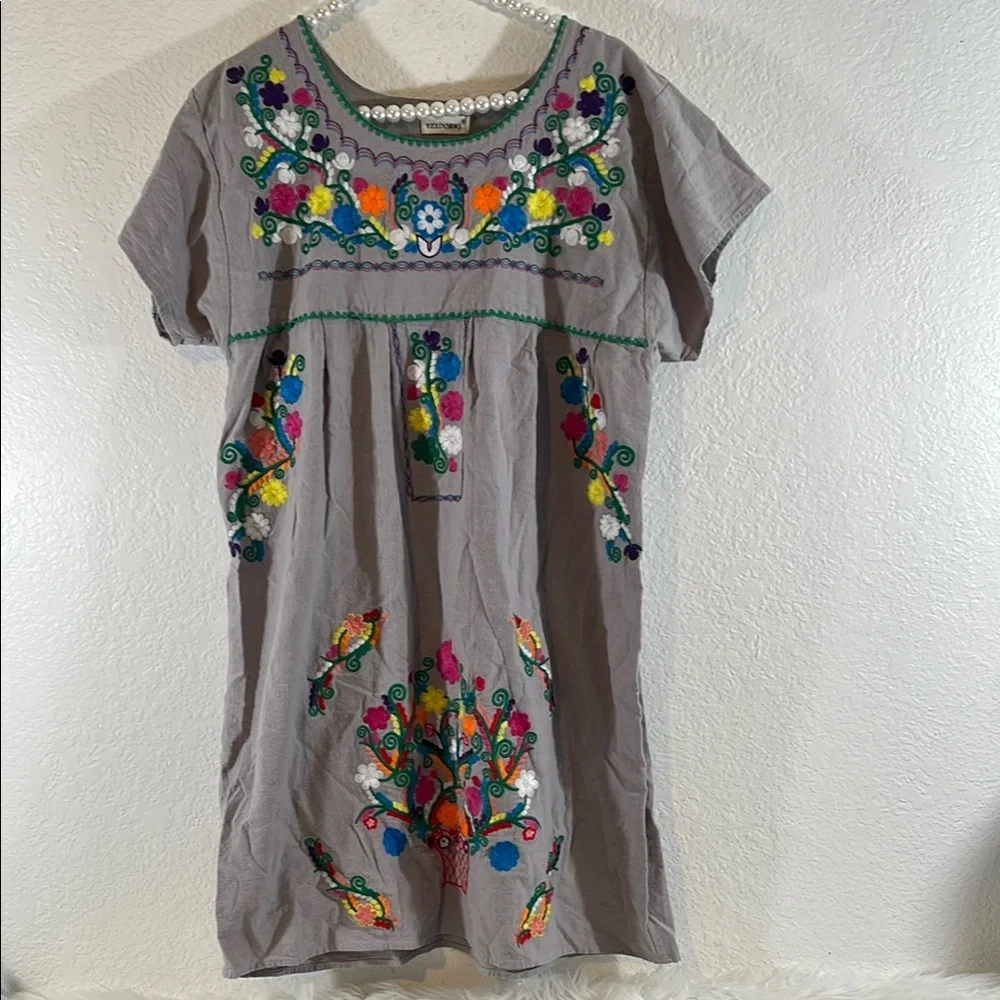 YZXDORWJ Women Mexican Embroidered Floral Dress Short Sleeve Size 2XL - Picture 4 of 15